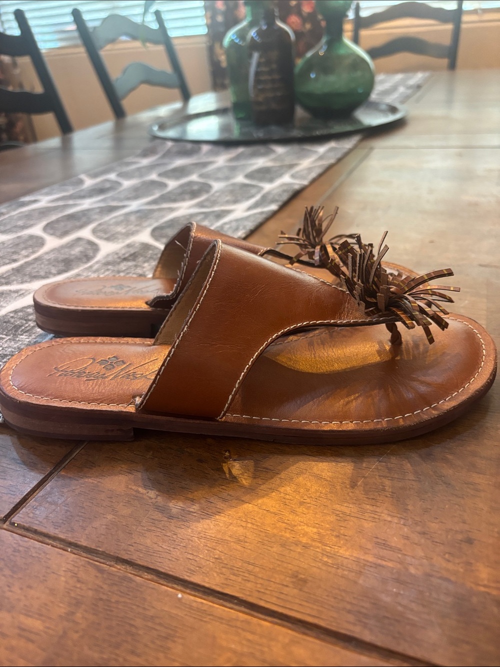 Patricia Nash Brown Leather Slide Sandals with Fringe Pom Accent - Picture 2 of 5